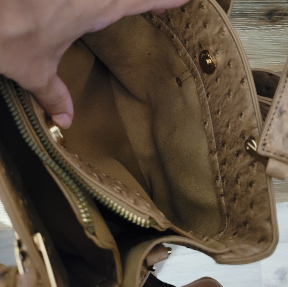 Ostrich Bow Faux Leather 3 Compartment Satchel - Camel - Picture 9 of 13